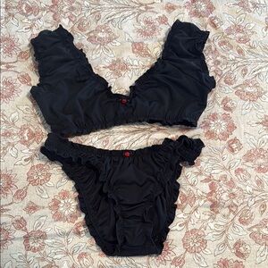 Frankies Bikini Black Ruffled Rose Bikini Set size M